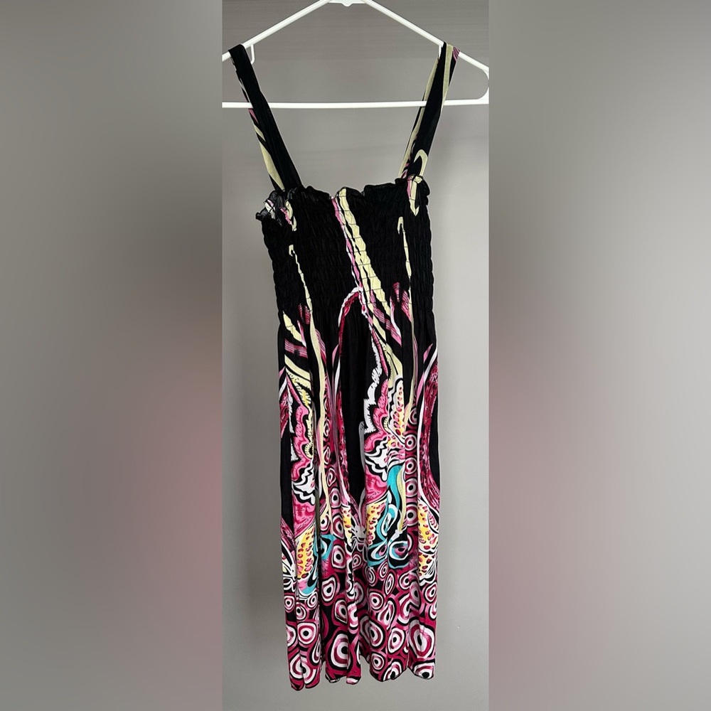 PARIS PINK size LARGE Vibrant Black, Turquoise, and Pink Patterned Dress